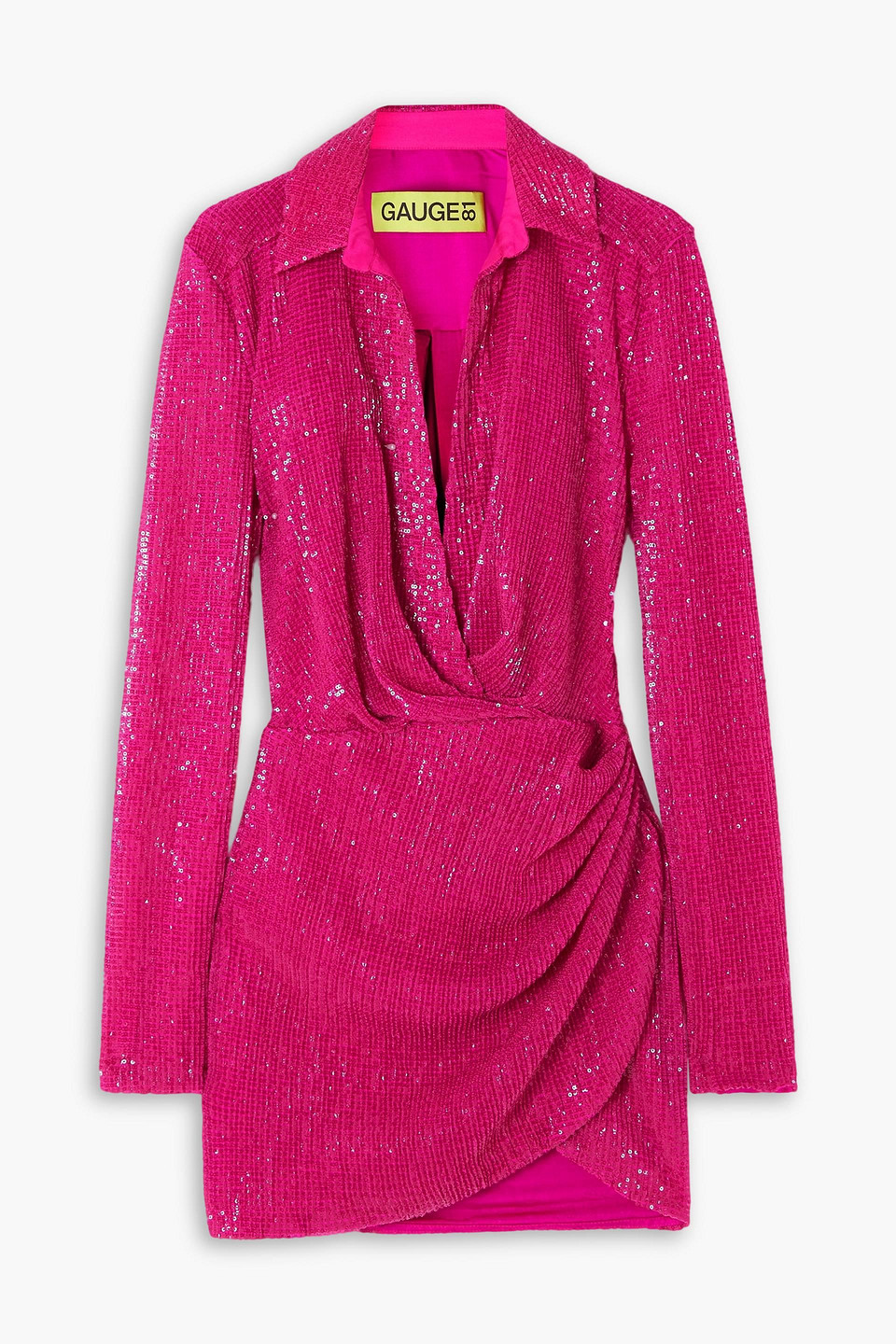 Gauge81 Naha Wrap-effect Sequined Tulle Mini Shirt Dress In Fuchsia