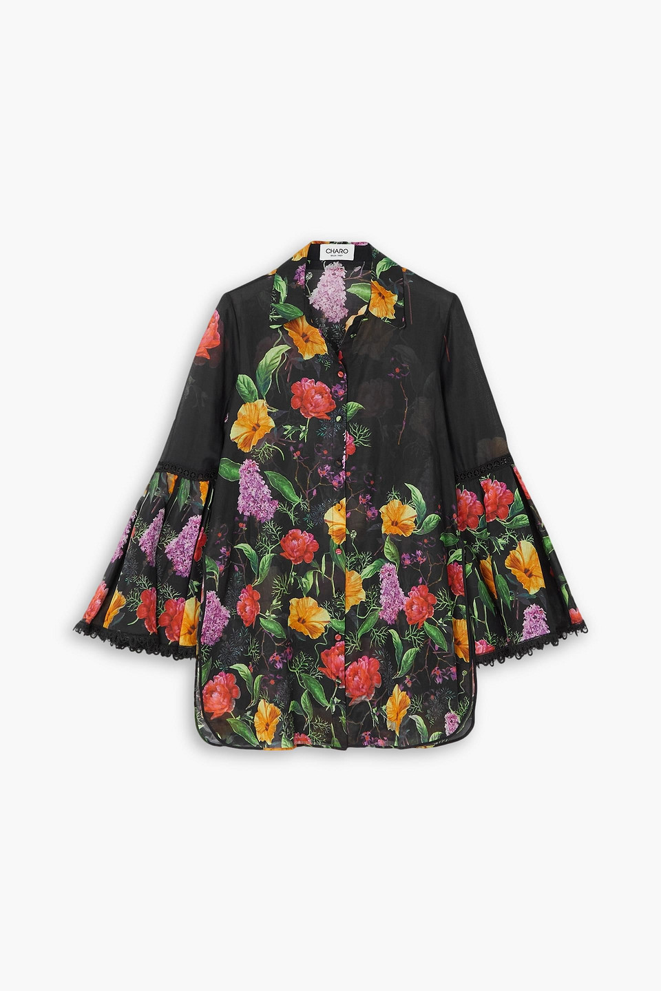 Charo Ruiz Aster Guipure Lace-trimmed Floral-print Cotton-blend Voile Blouse In Black