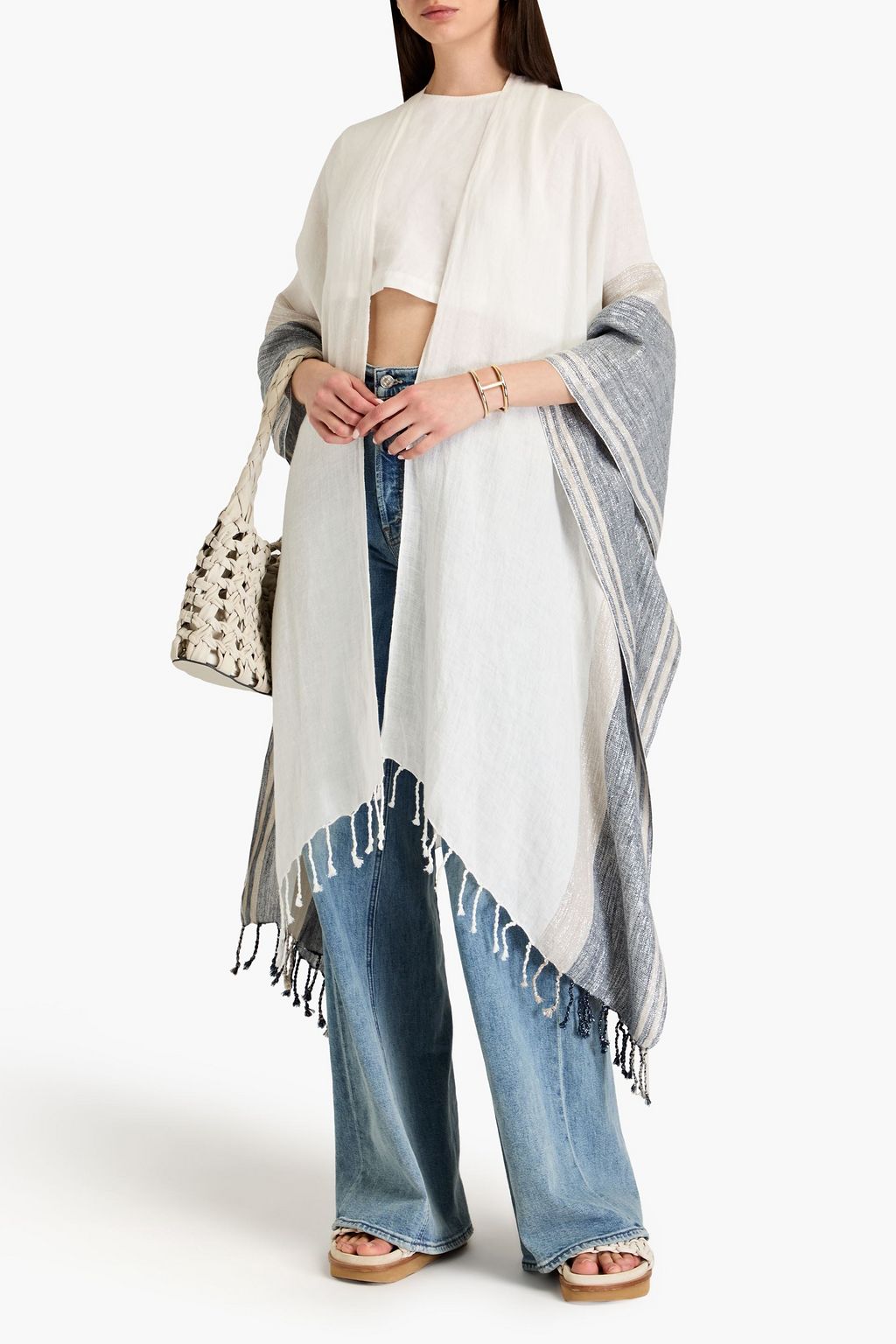 BRUNELLO CUCINELLI リネン混ガーゼ ラップコート フリンジ付き