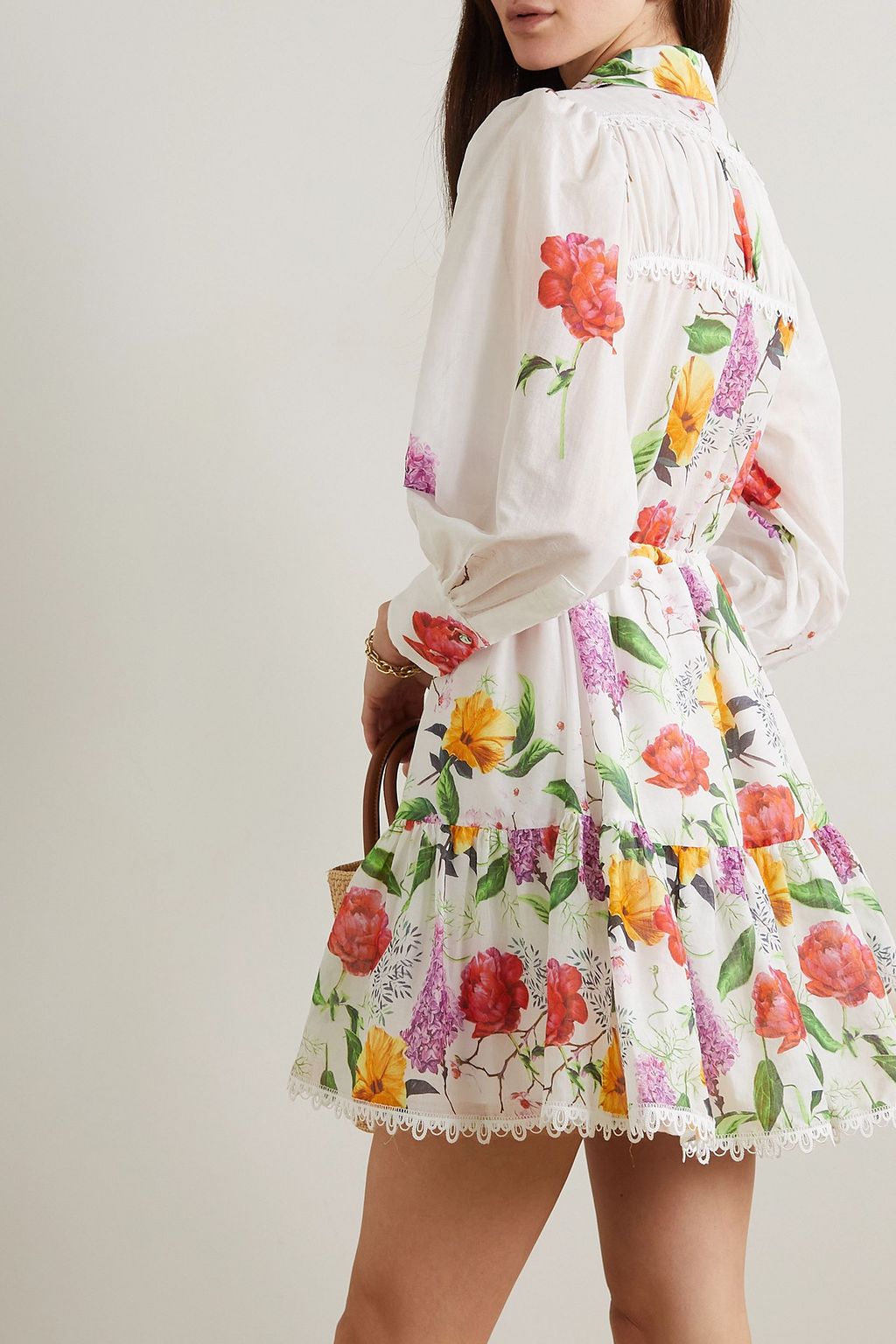 CHARO RUIZ IBIZA Begonia guipure lace-trimmed floral-print cotton-blend voile mini shirt dress
