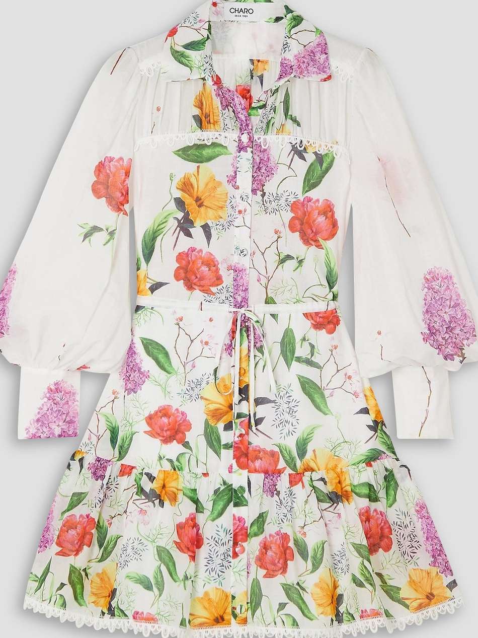 begonia guipure lace-trimmed floral-print cotton-blend voile mini shirt dress