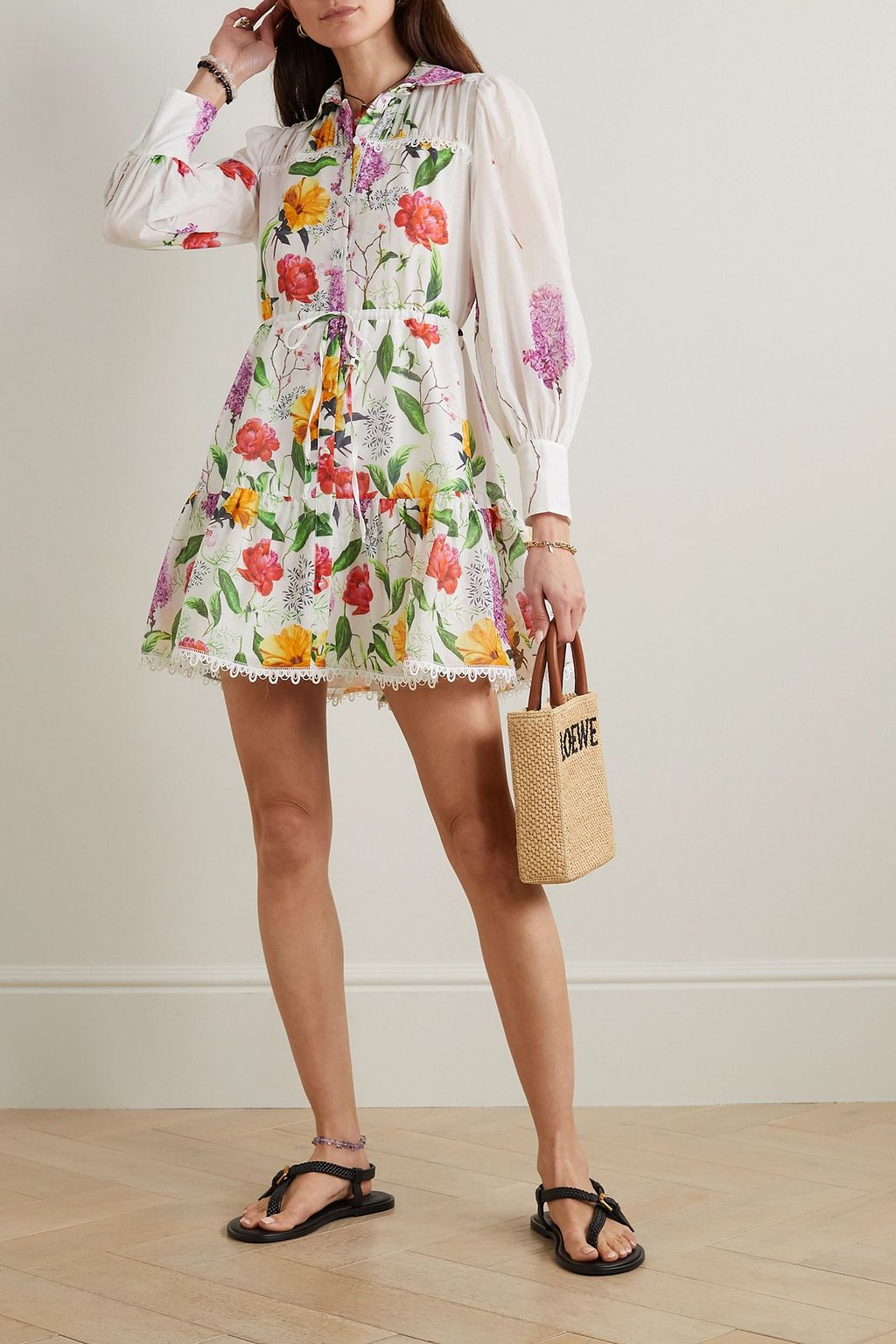 CHARO RUIZ IBIZA Begonia guipure lace-trimmed floral-print cotton-blend voile mini shirt dress
