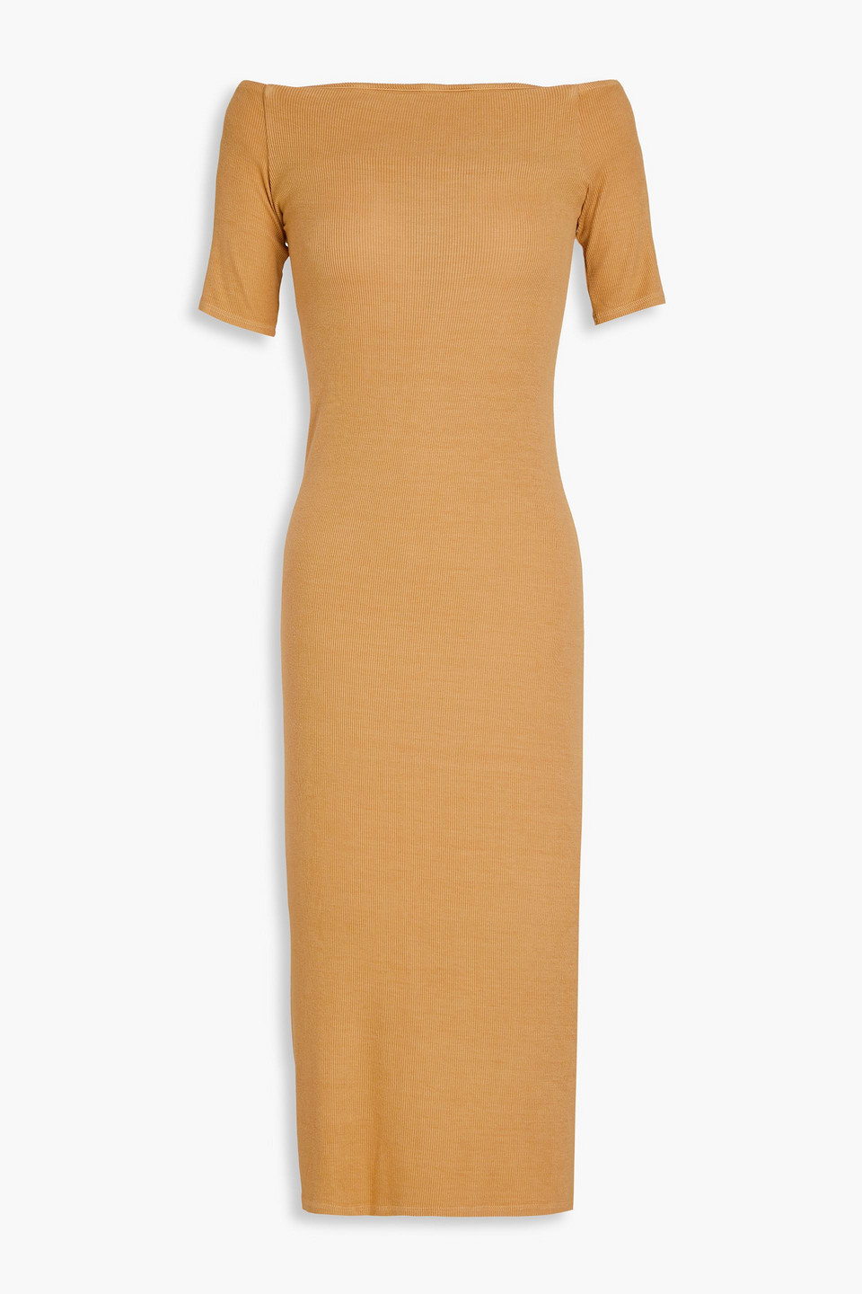 Enza Costa Off-the-shoulder Ribbed Jersey Midi Dress In Camel