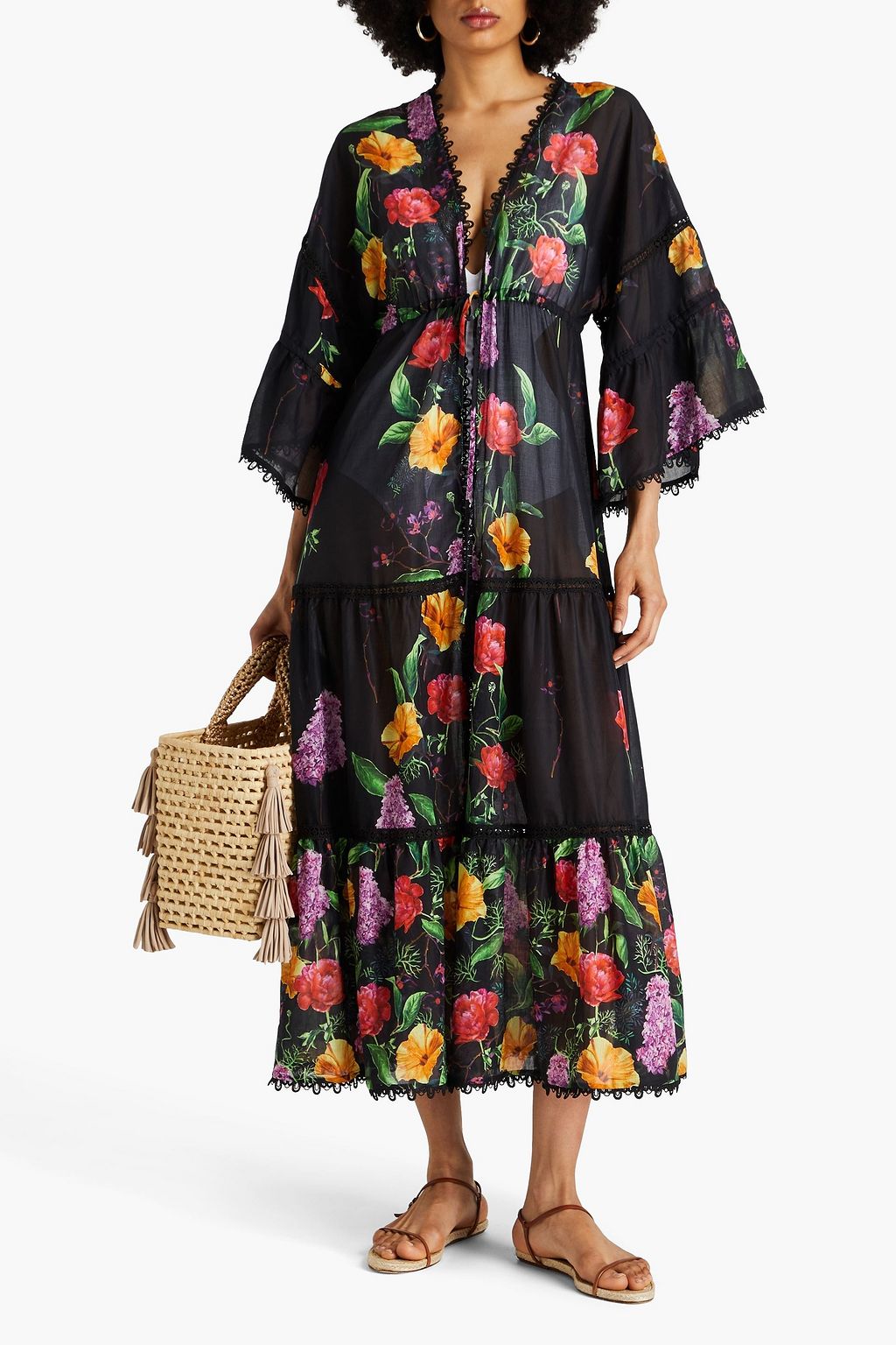 CHARO RUIZ IBIZA Gerba lace-trimmed floral-print cotton-blend voile kaftan