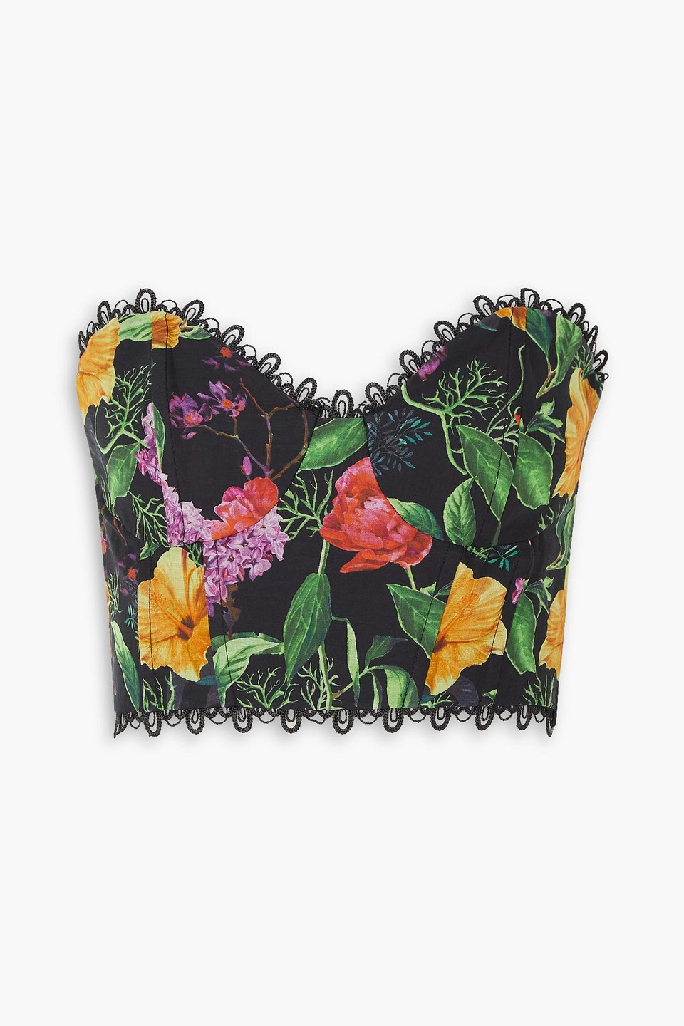 Charo Ruiz Vio Cropped Floral-print Cotton-blend Bustier Top In Black