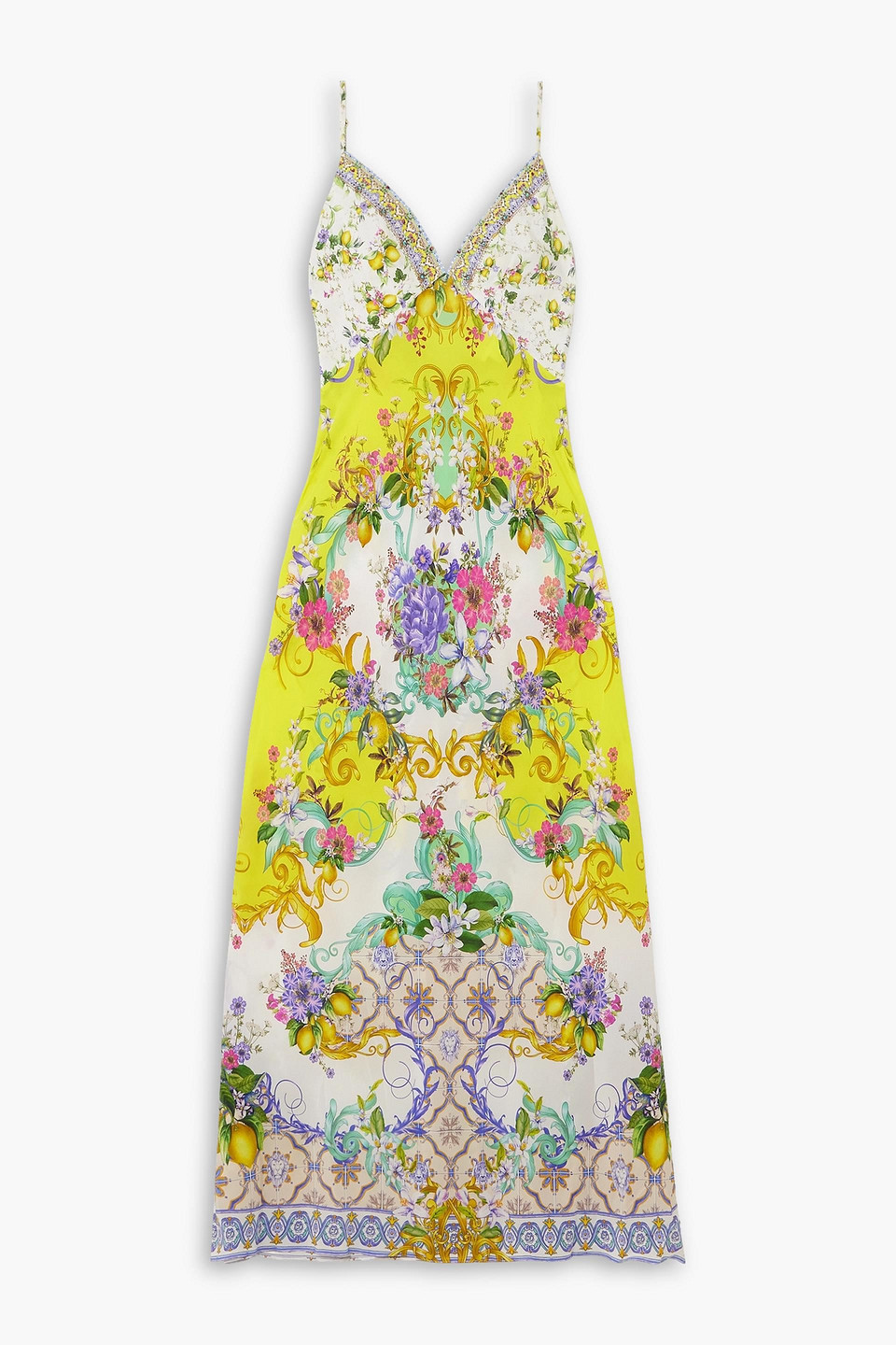 Camilla Embellished Floral-print Silk Crepe De Chine Maxi Dress In Yellow