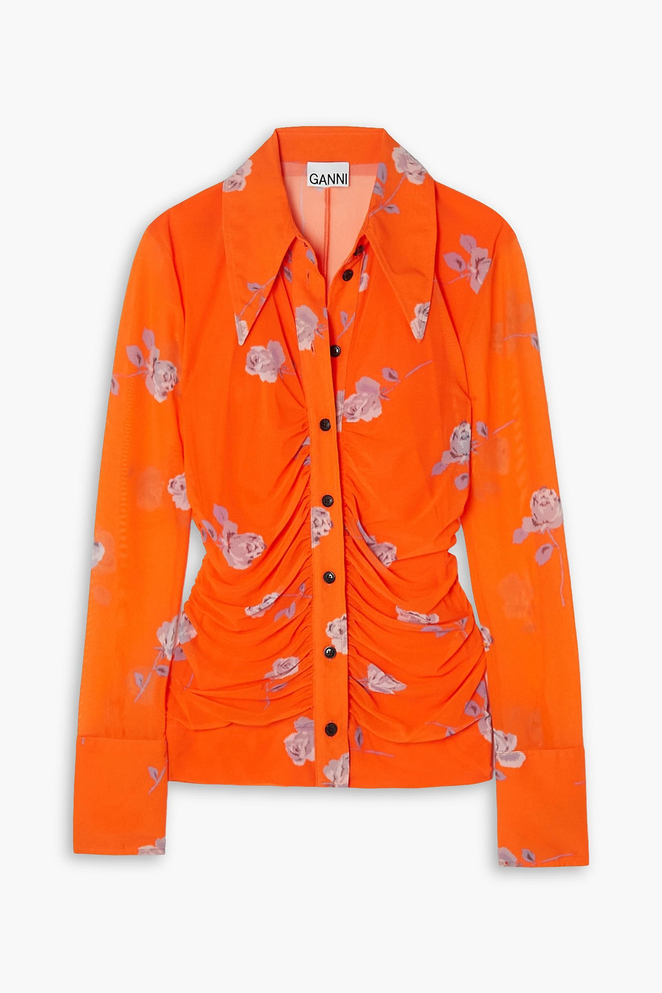 GANNI - ruched floral-print stretch -mesh shirt - Orange - DE 32