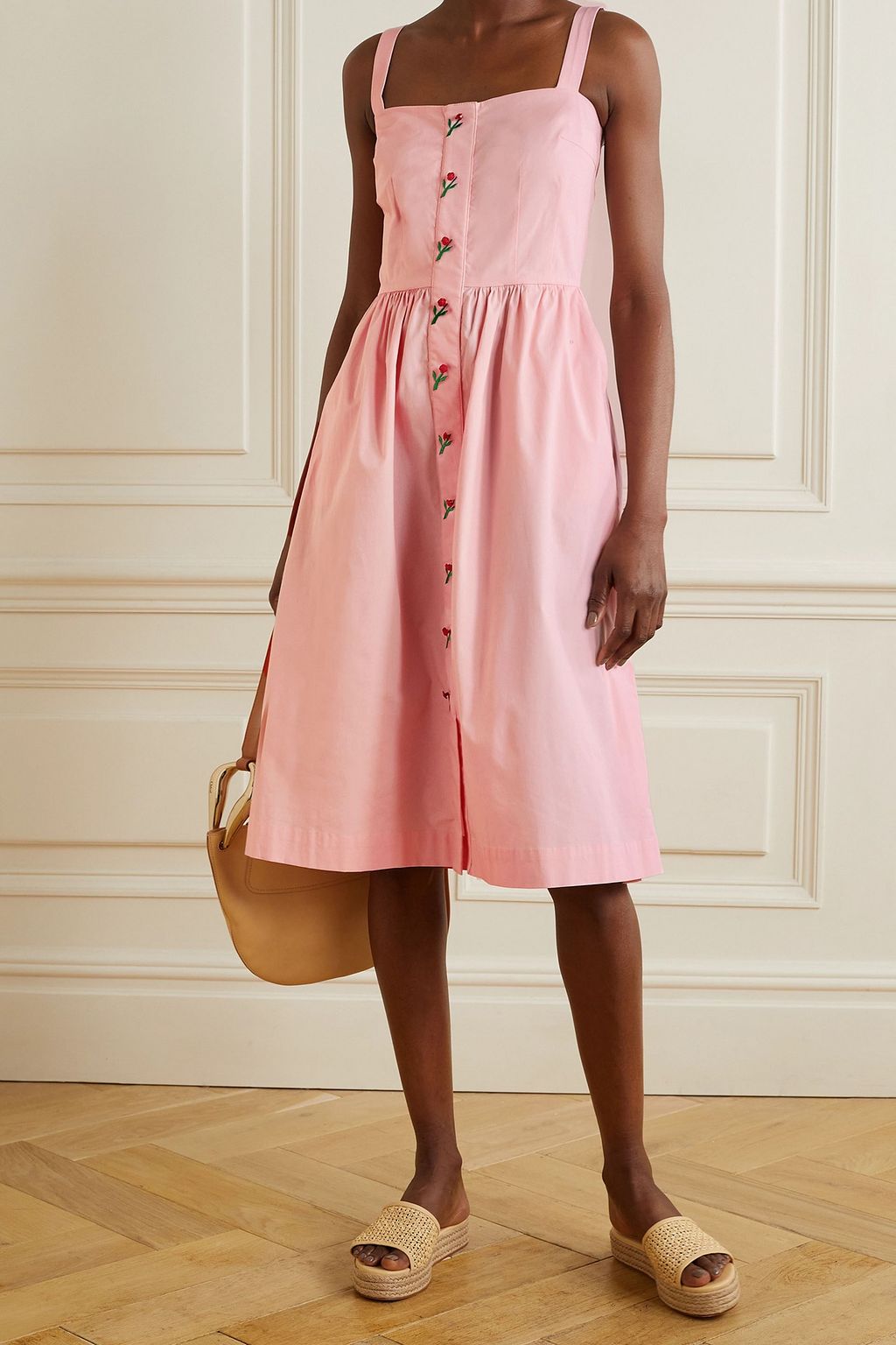 HVN Laura embroidered cotton-blend poplin midi dress