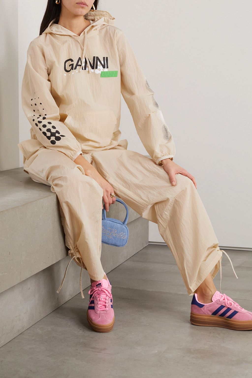 GANNI Cutout printed crinkled -shell hoodie