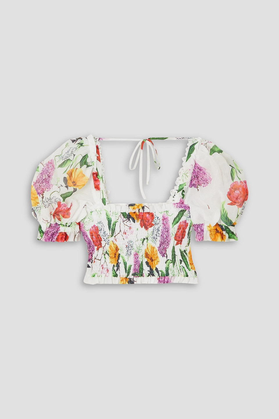 Charo Ruiz Lirio Cropped Shirred Floral-print Cotton-blend Poplin Top In White