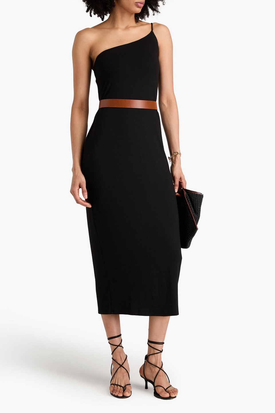 ENZA COSTA ONE-SHOULDER STRETCH-JERSEY MIDI DRESS