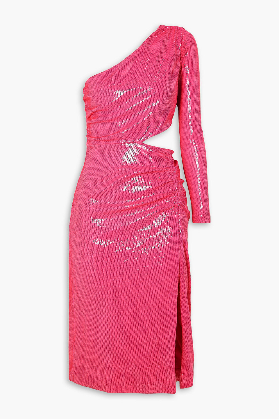 L Agence Christie One-shoulder Ruched Cutout Sequined Jersey Dress In Pink