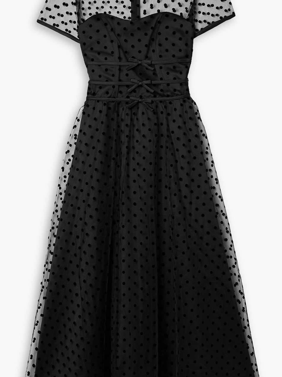 scarlett bow-embellished flocked tulle and satin midi dress