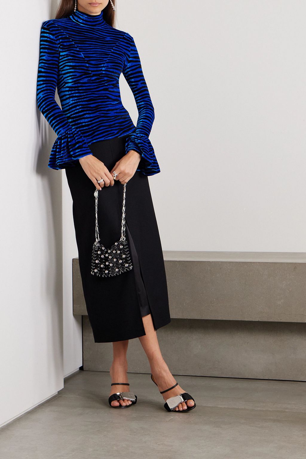 RABANNE Zebra-print velvet turtleneck top