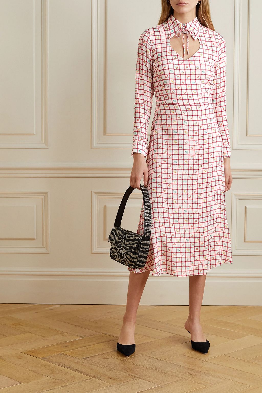 HVN Erica cutout printed crepe midi dress