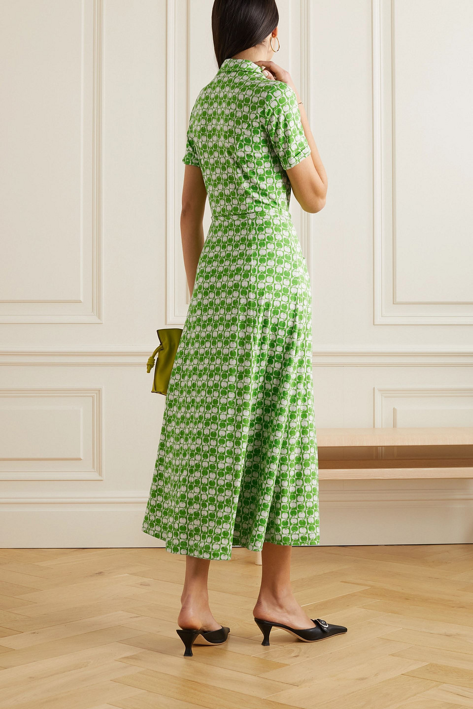 HVN MARIA BELTED PRINTED JERSEY MIDI DRESS