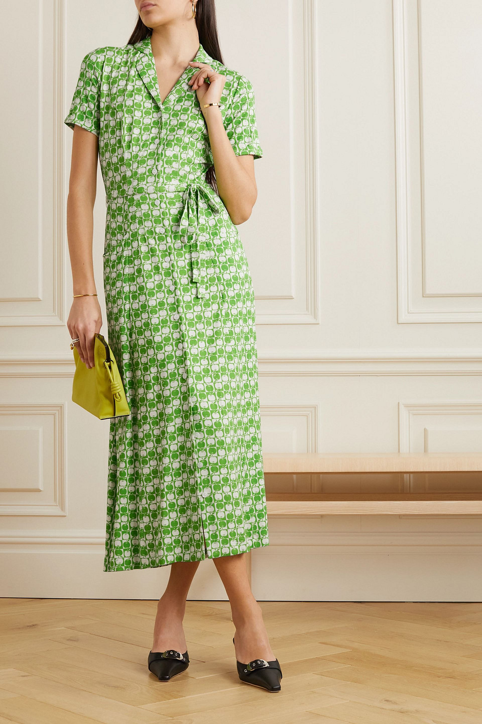 HVN MARIA BELTED PRINTED JERSEY MIDI DRESS