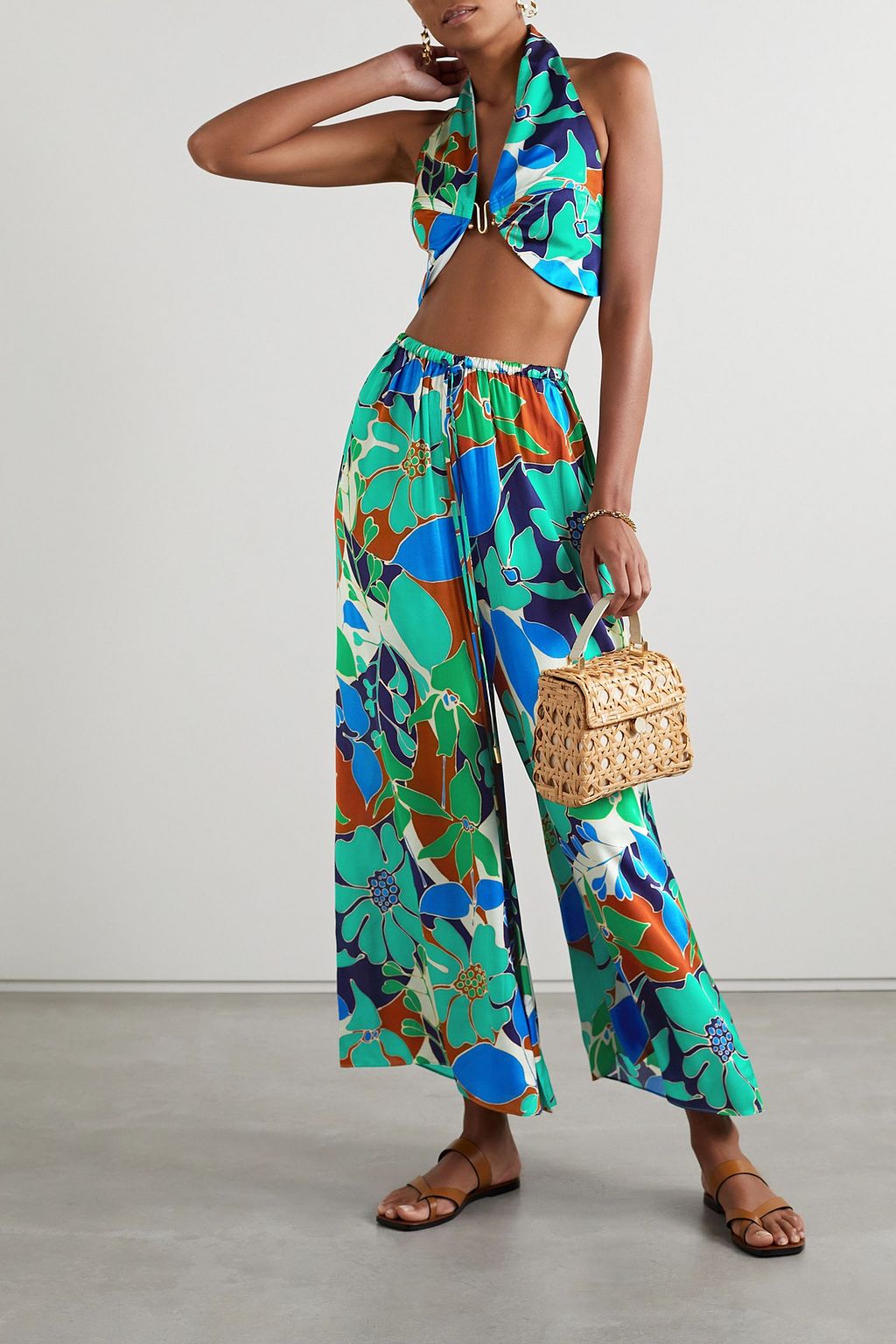 CULT GAIA Diem cropped embellished floral-print satin halterneck top