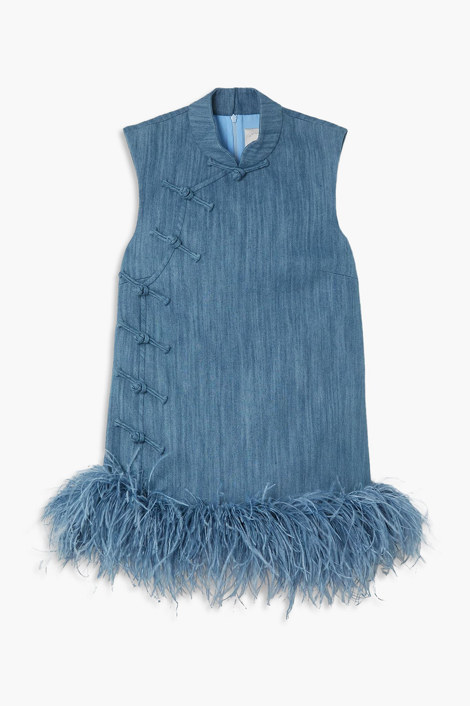 huishan zhang - yubi feather-trimmed knotted cotton-blend chambray top - blue - uk 10