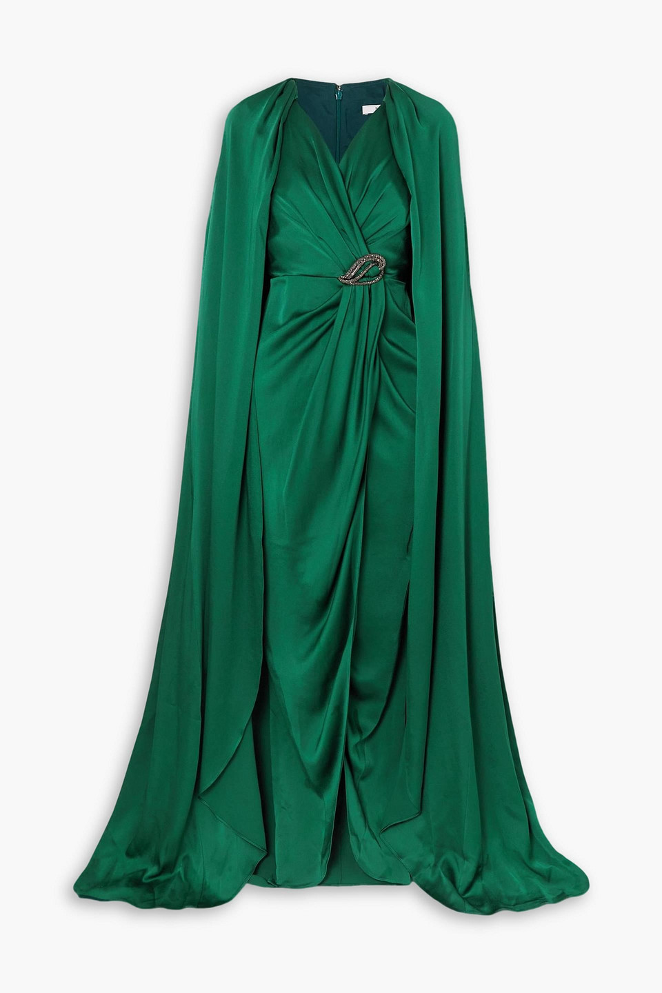 Safiyaa Irene Cape-effect Crystal-embellished Satin Gown In Emerald
