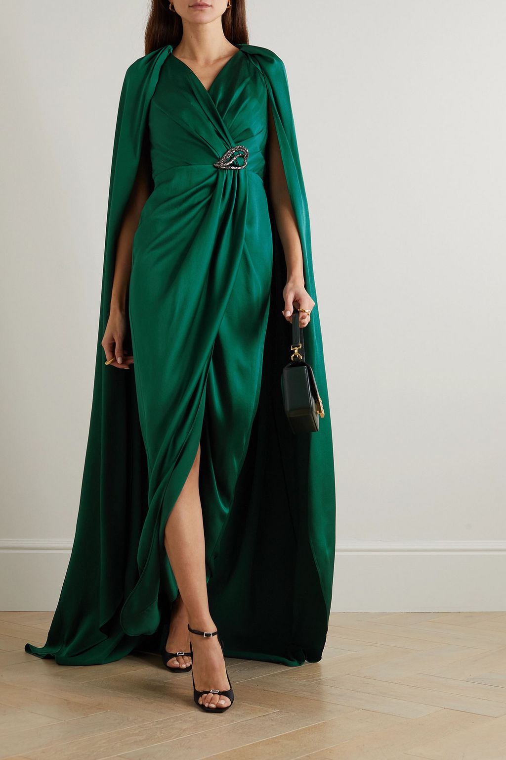 SAFIYAA Irene cape-effect crystal-embellished satin gown