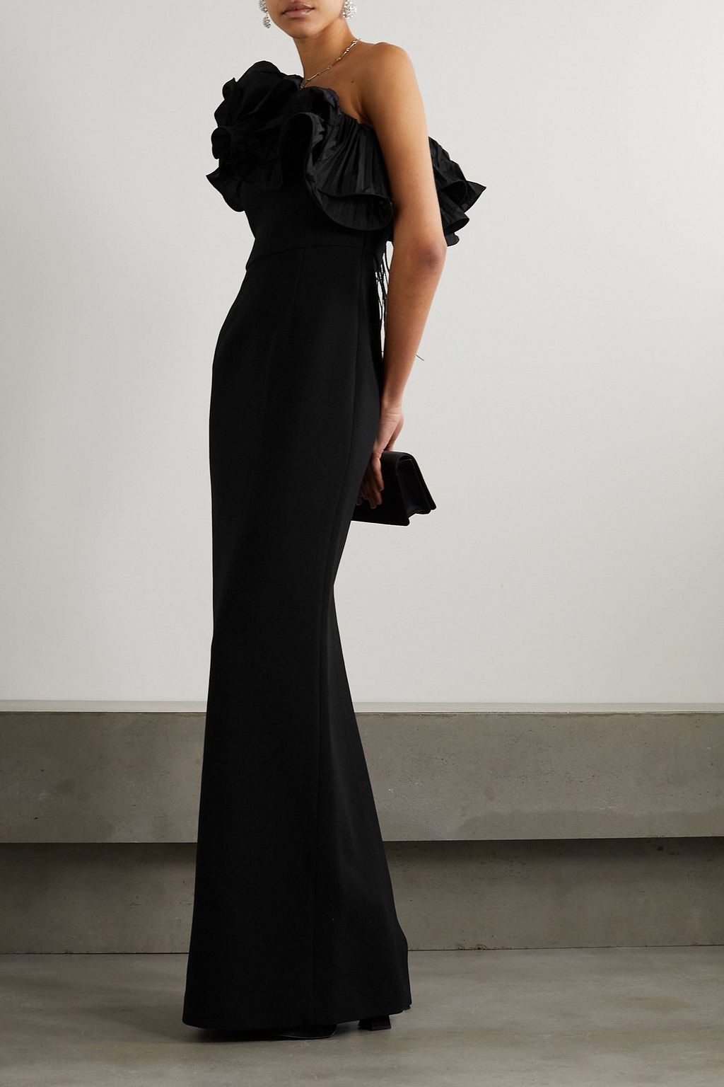 REBECCA VALLANCE Chloe one-shoulder ruffled crepe gown