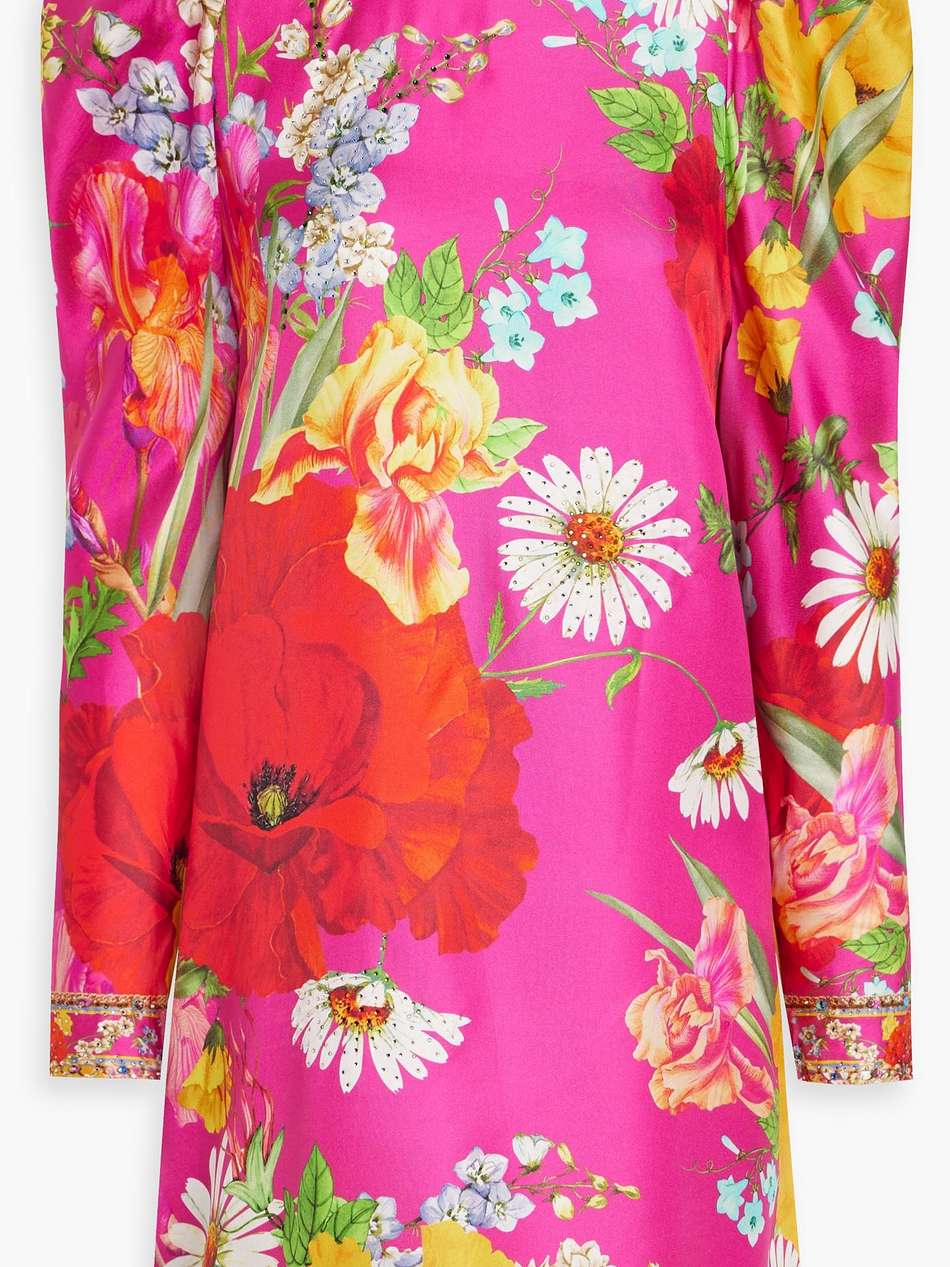 cutout crystal-embellished floral-print silk-twill mini dress