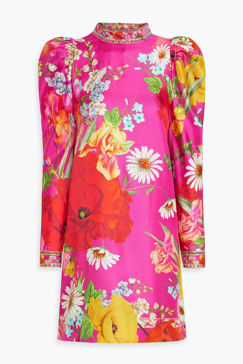 Camilla Cutout Crystal-embellished Floral-print Silk-twill Mini Dress In Magenta