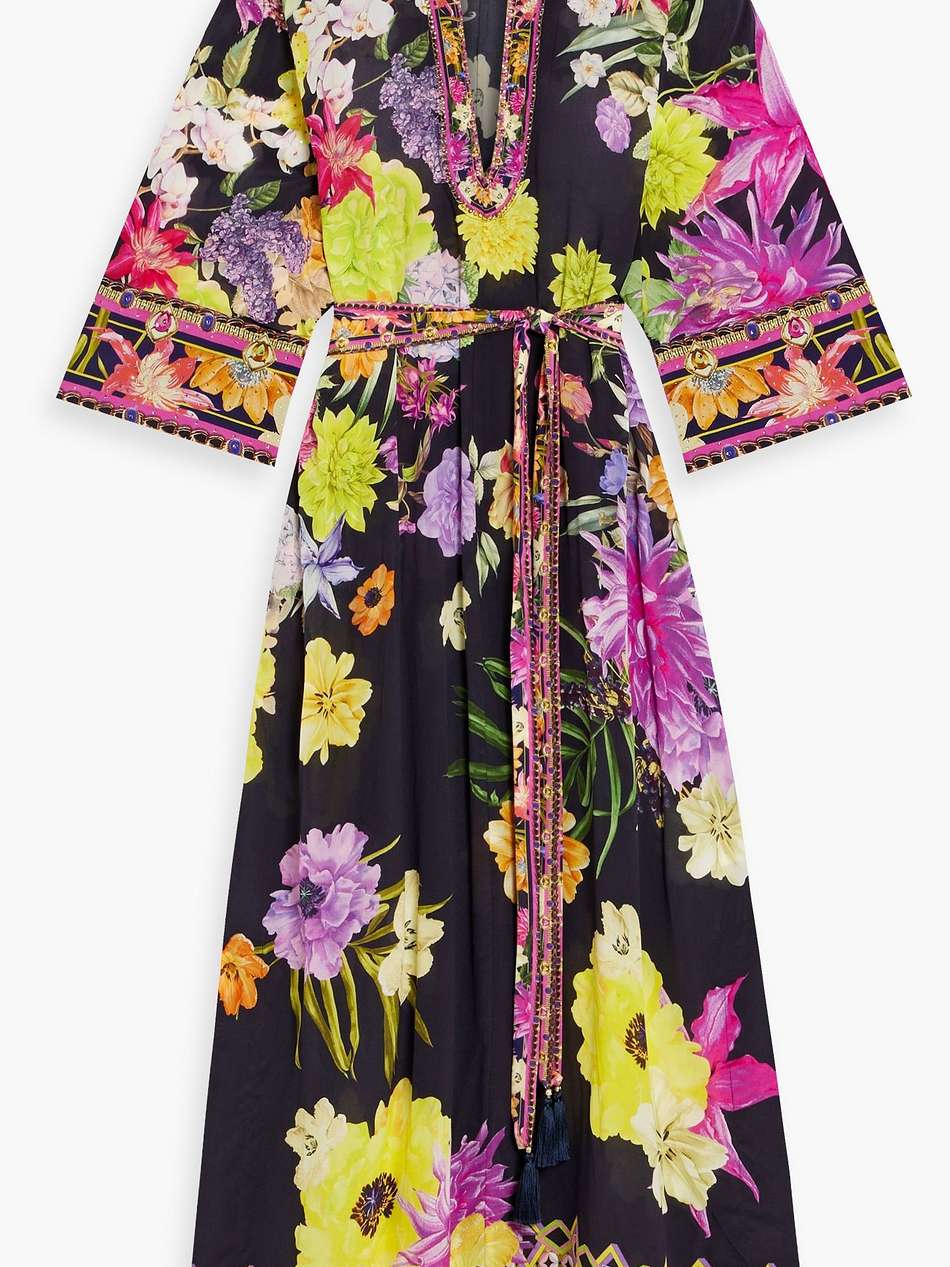 crystal-embellished printed silk crepe de chine maxi dress