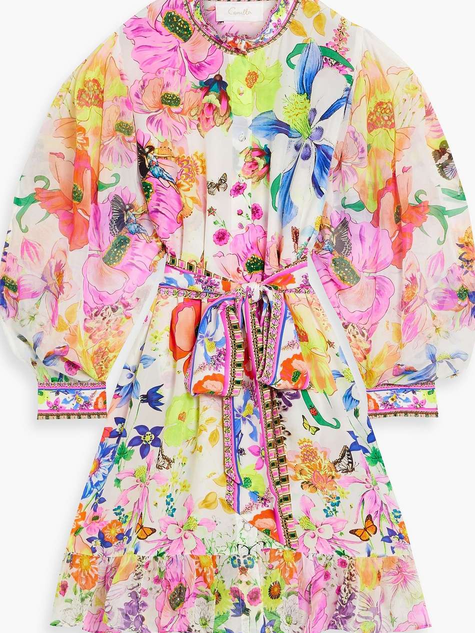 crystal-embellished printed silk crepe de chine mini shirt dress