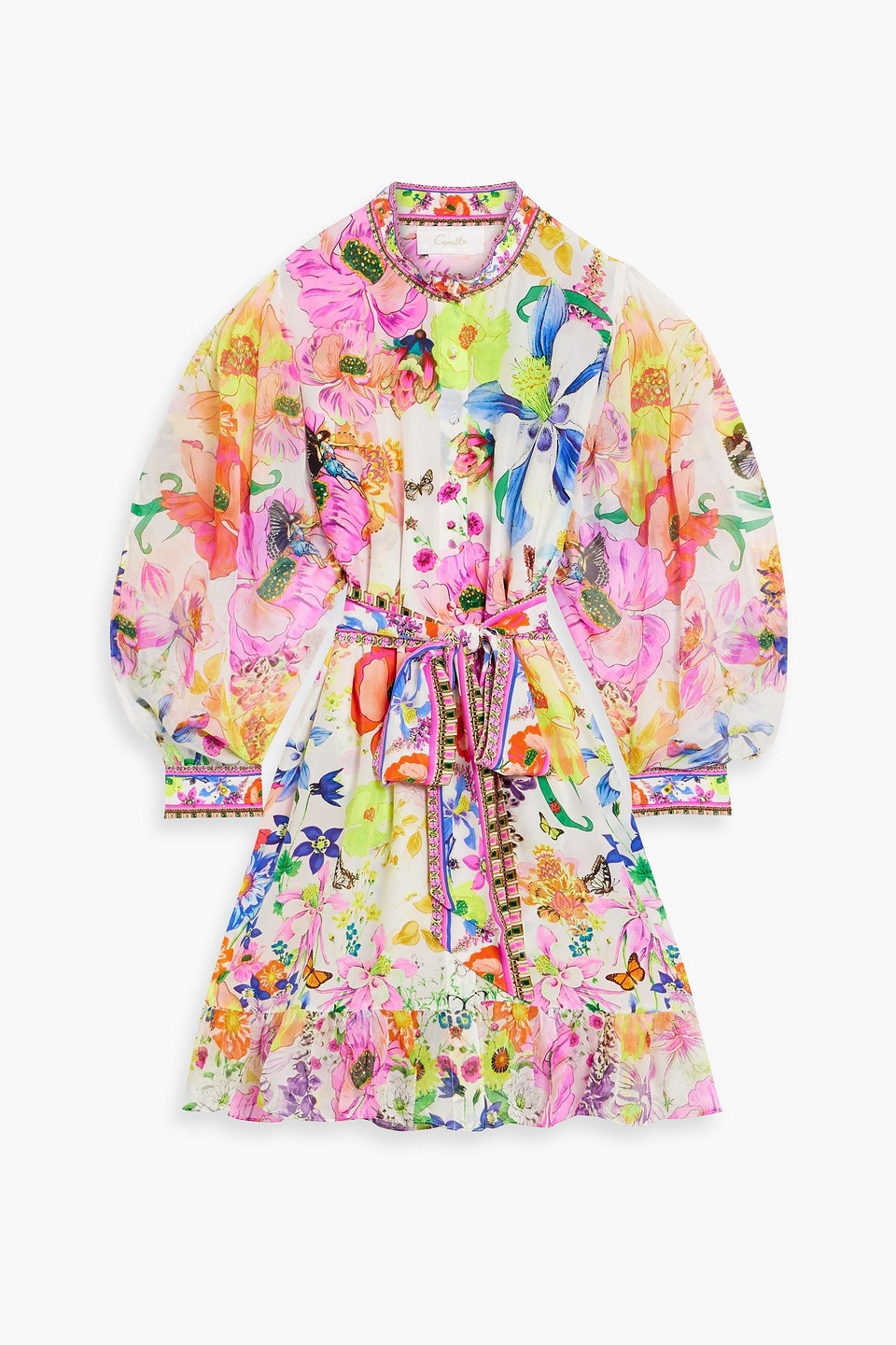 Camilla Crystal-embellished Printed Silk Crepe De Chine Mini Shirt Dress In Bright Pink