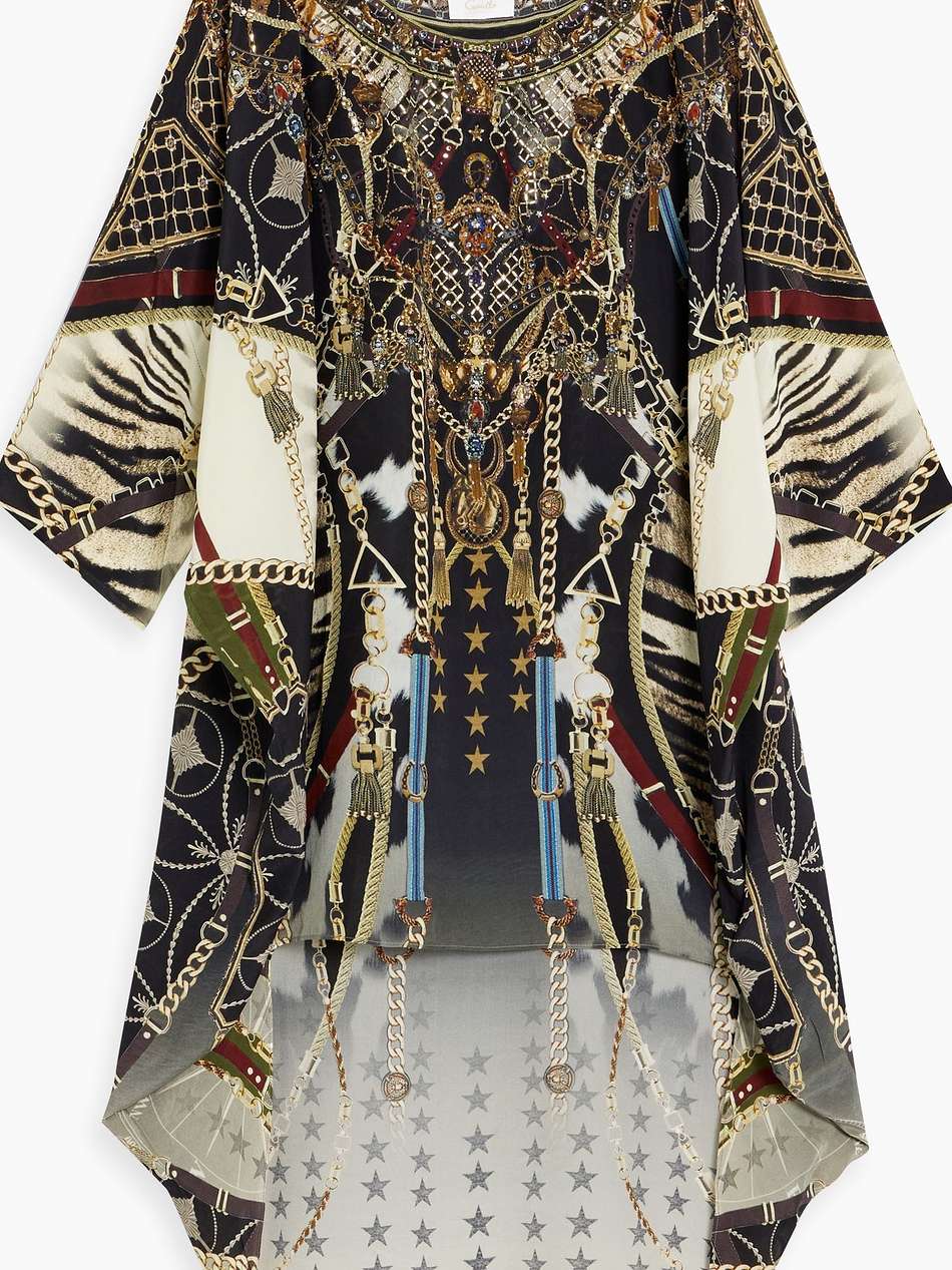 crystal-embellished printed silk crepe de chine dress