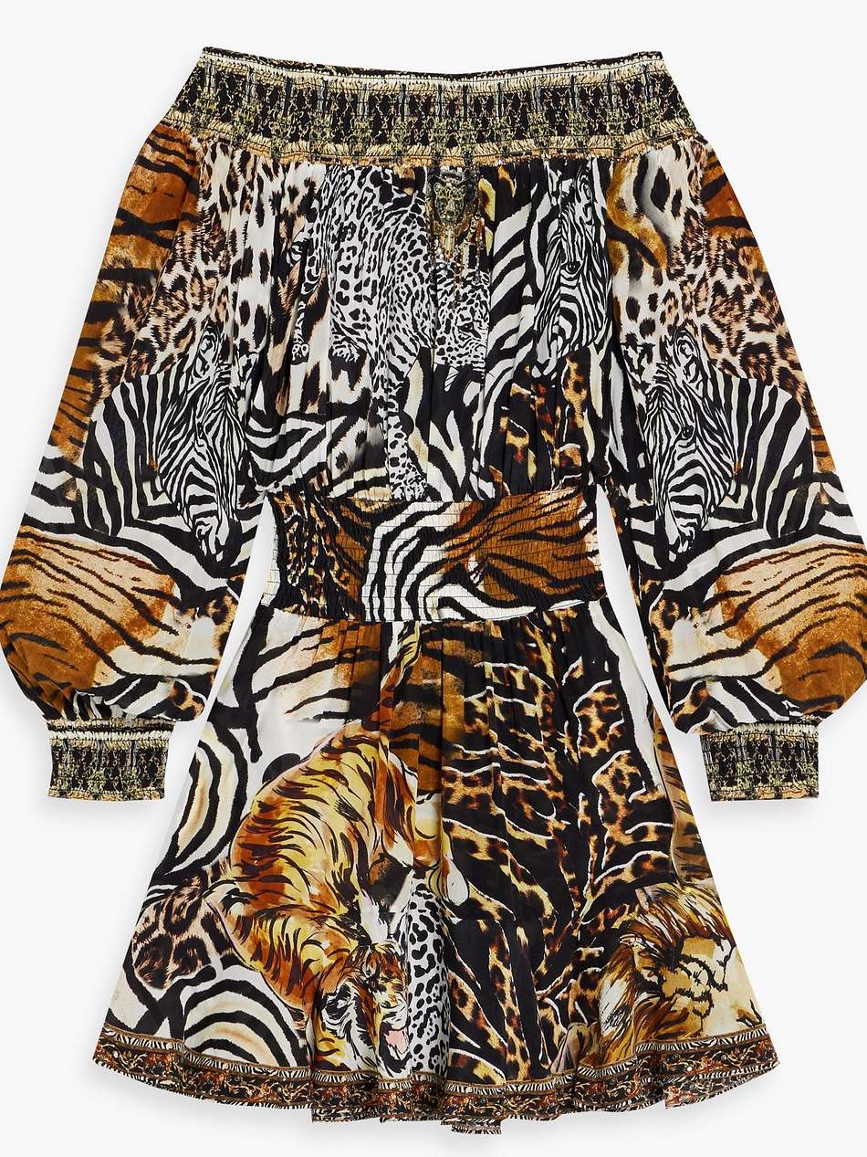 off-the-shoulder crystal-embellished printed silk crepe de chine mini dress