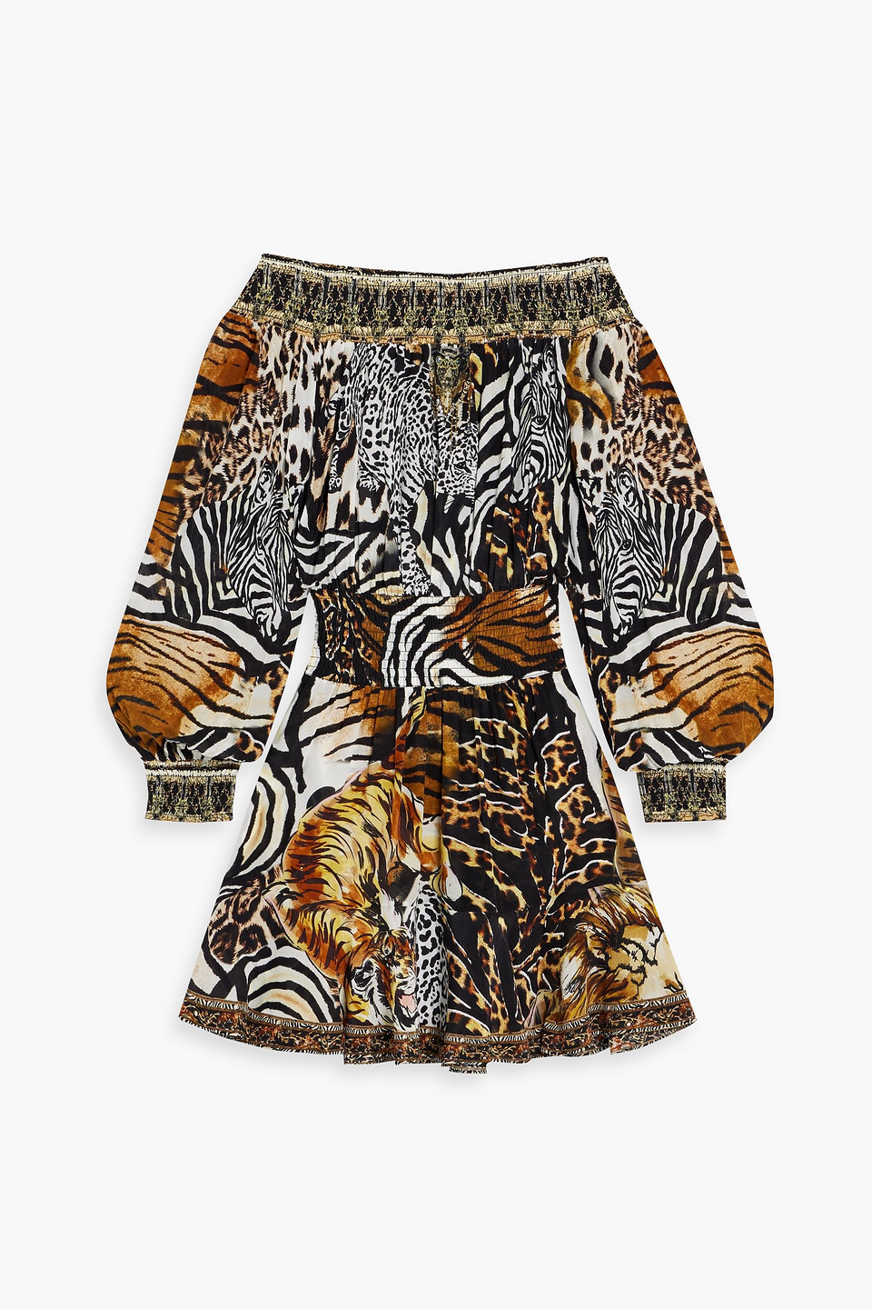 Camilla Off-the-shoulder Crystal-embellished Printed Silk Crepe De Chine Mini Dress In Animal Print