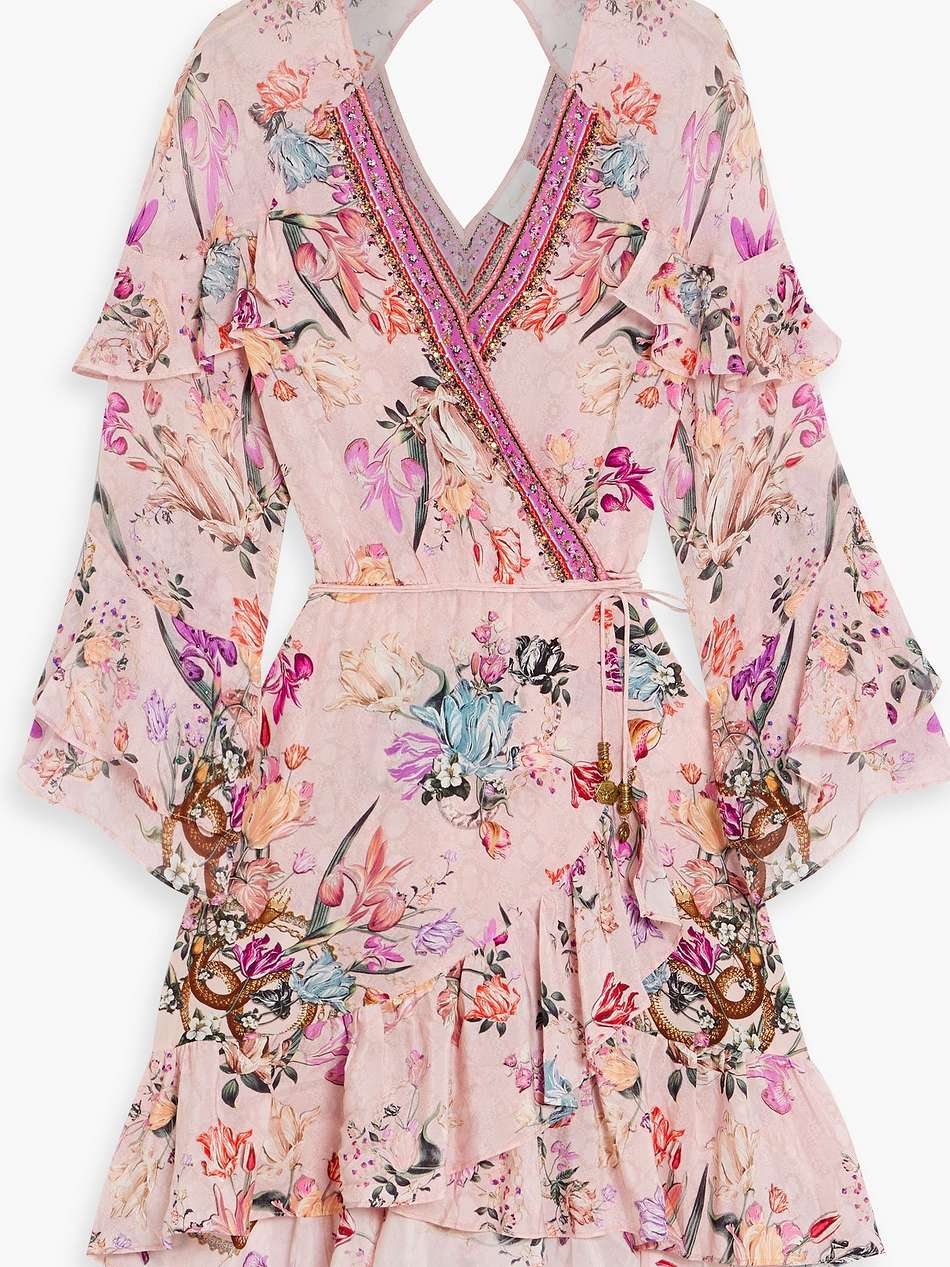 cutout crystal-embellished silk crepe de chine mini wrap dress