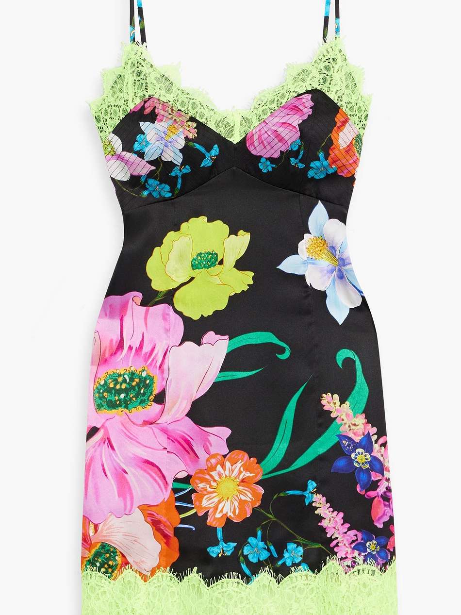 lace-trimmed floral-print silk-satin mini dress