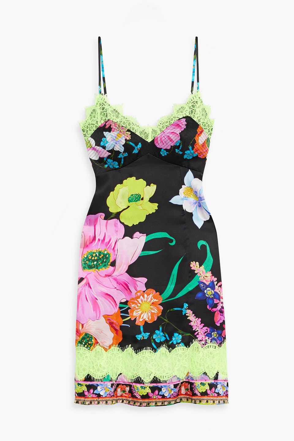 Camilla Lace-trimmed Floral-print Silk-satin Mini Dress In Bright Yellow