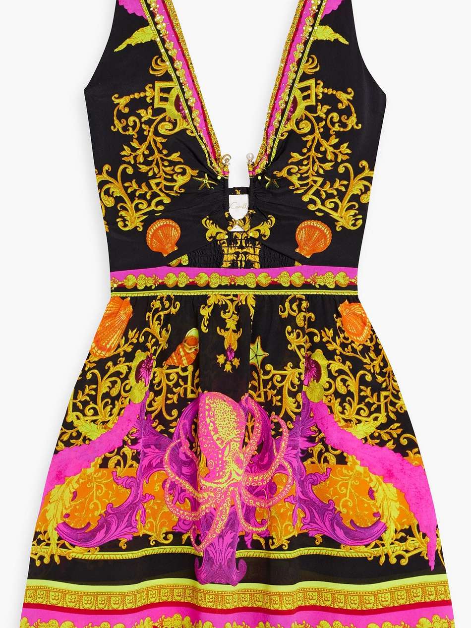 cutout crystal-embellished printed silk crepe de chine mini dress