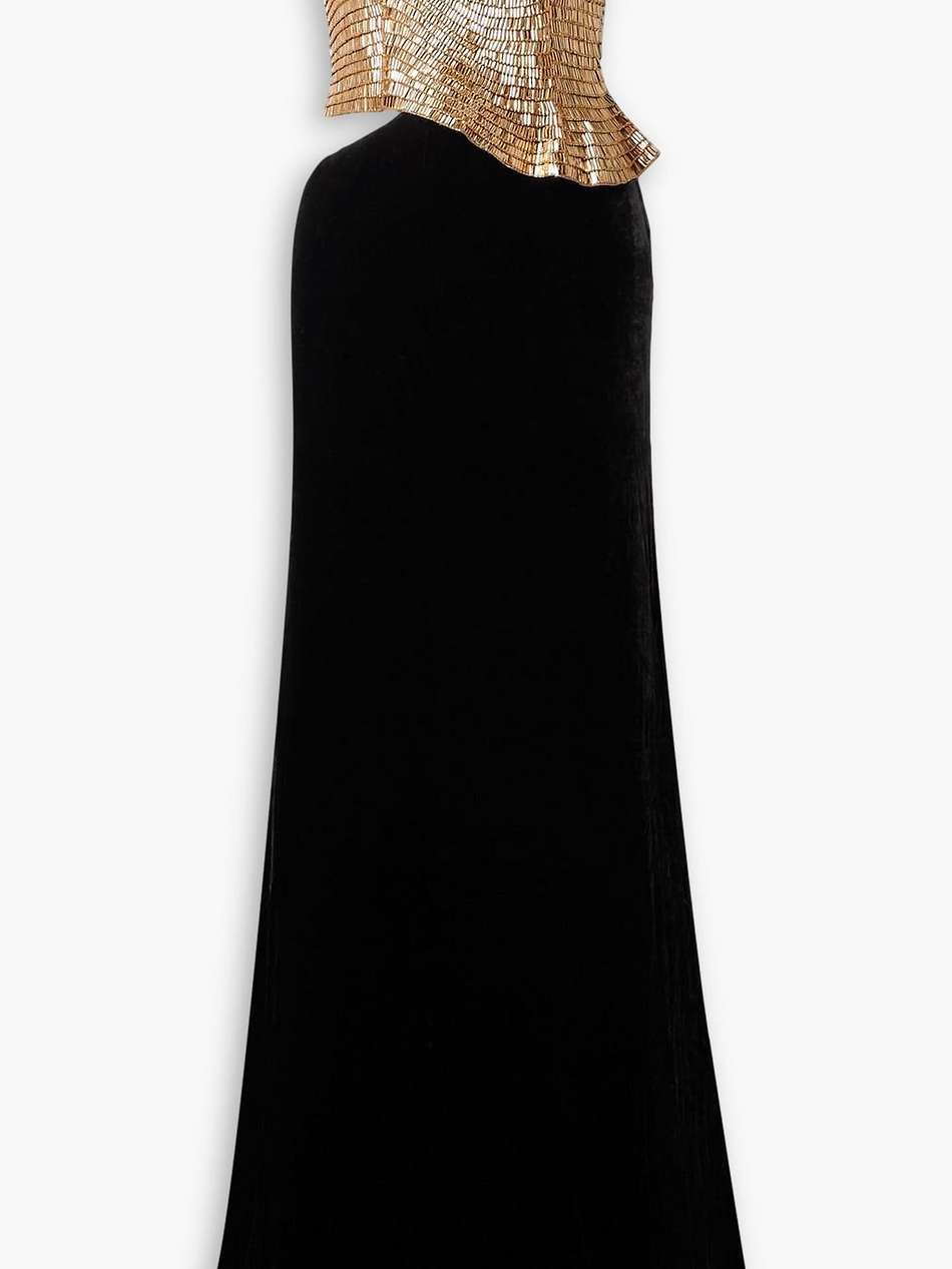 strapless cutout crystal-embellished tulle and velvet gown