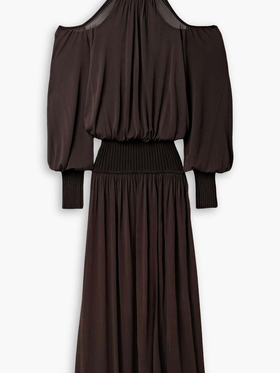 cold-shoulder ribbed-knit and jersey turtleneck maxi dress