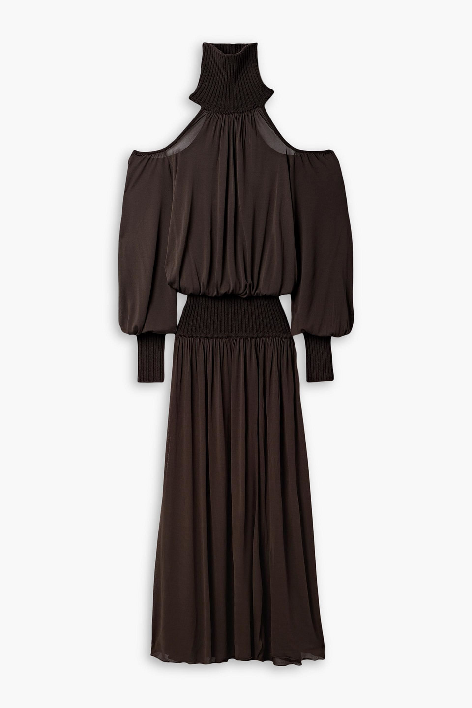 Michael Kors Cold-shoulder Ribbed-knit And Jersey Turtleneck Maxi Dress In Chocolate