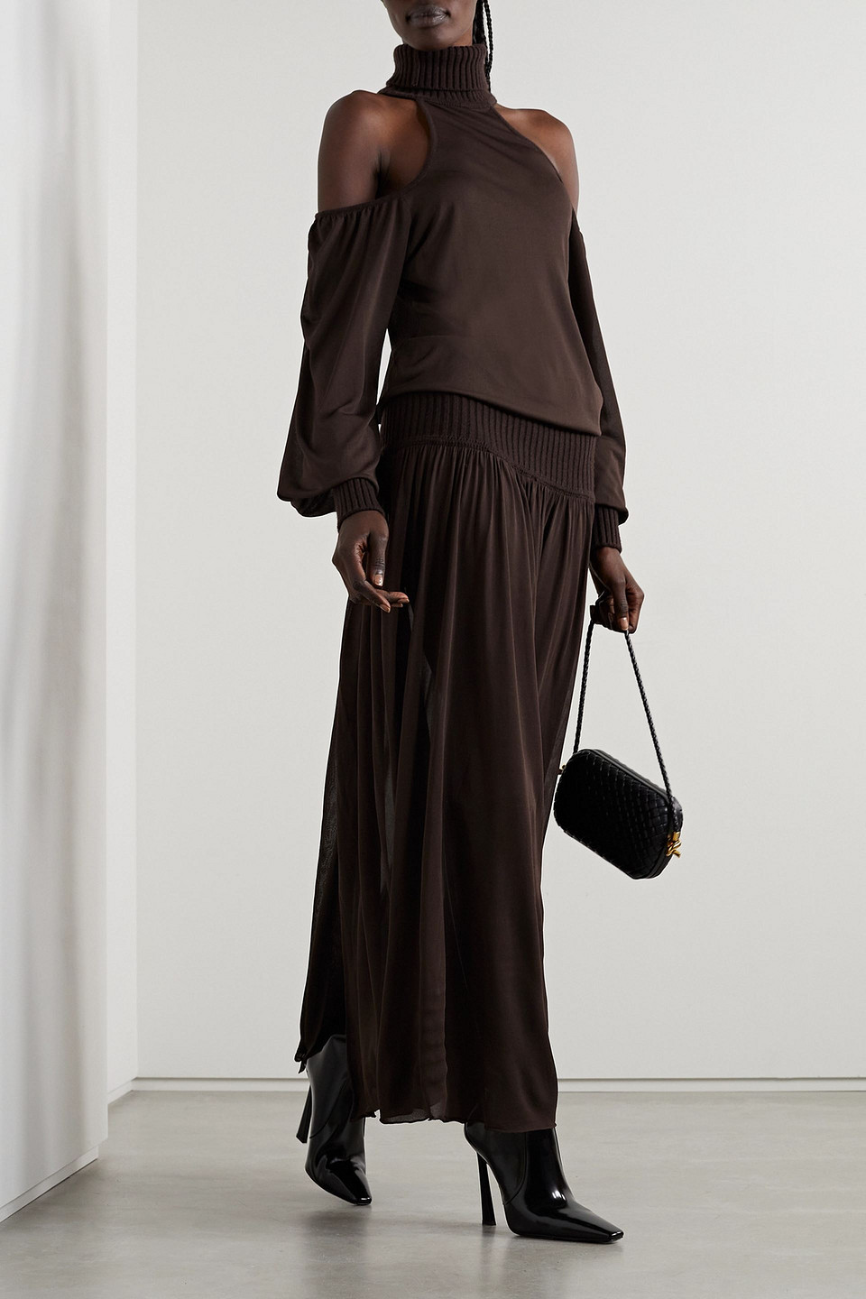 MICHAEL KORS COLD-SHOULDER RIBBED-KNIT AND JERSEY TURTLENECK MAXI DRESS