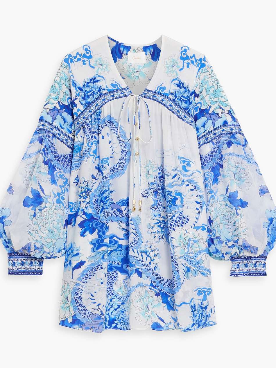 crystal-embellished printed silk crepe de chine blouse