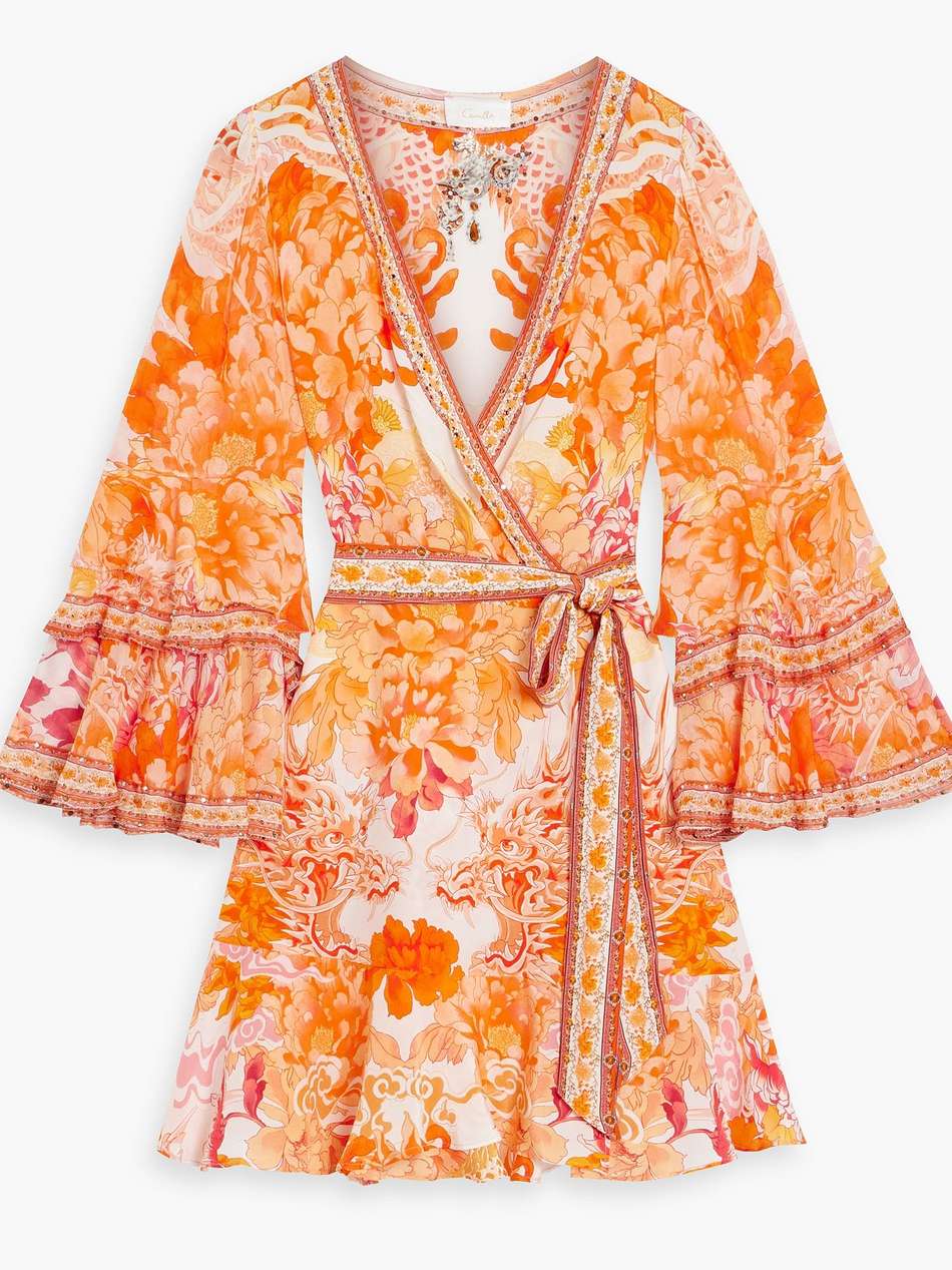 crystal-embellished printed silk crepe de chine mini wrap dress