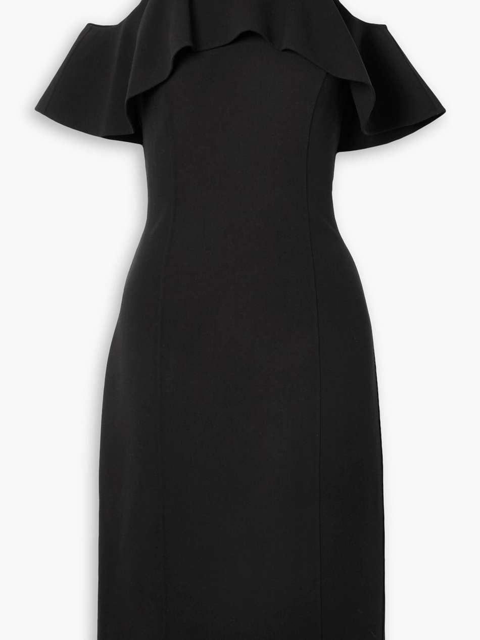 cold-shoulder ruffled stretch-wool midi dress