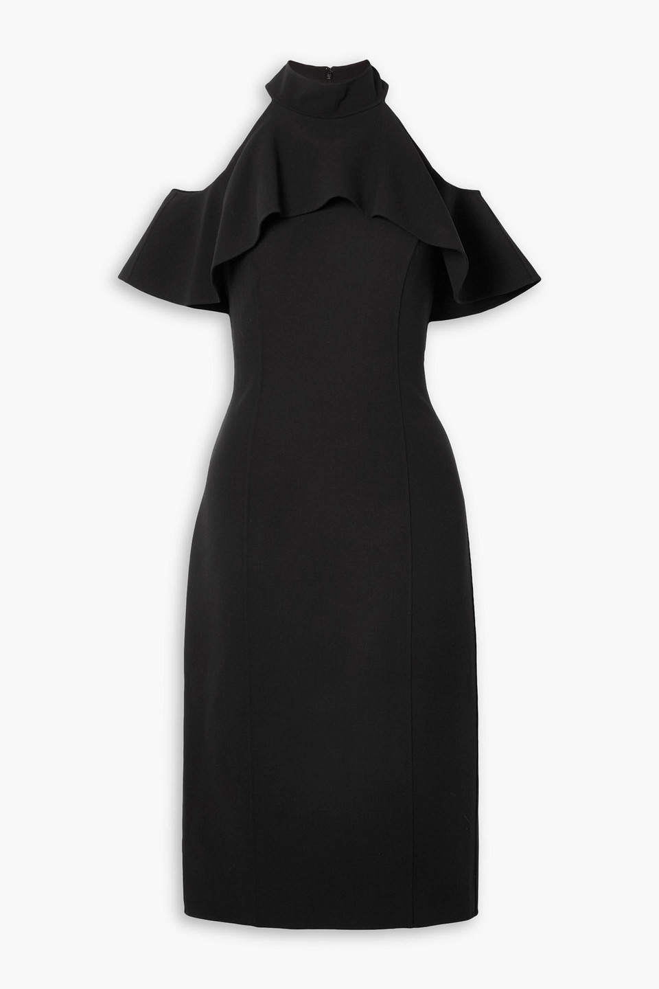 Michael Kors Cold-shoulder Ruffled Stretch-wool Midi Dress In Black