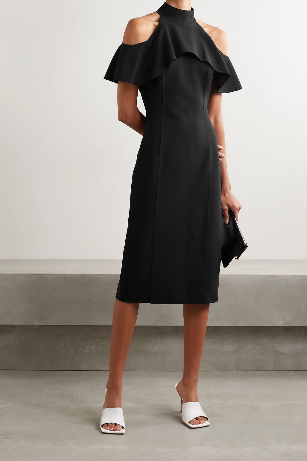MICHAEL KORS COLLECTION Cold-shoulder ruffled stretch-wool midi dress