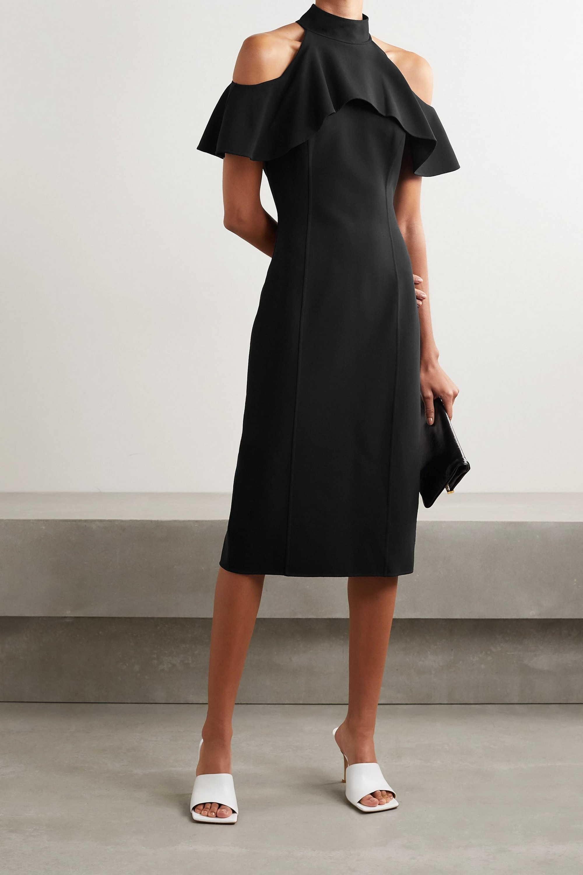 MICHAEL KORS COLLECTION Cold-shoulder ruffled stretch-wool midi dress
