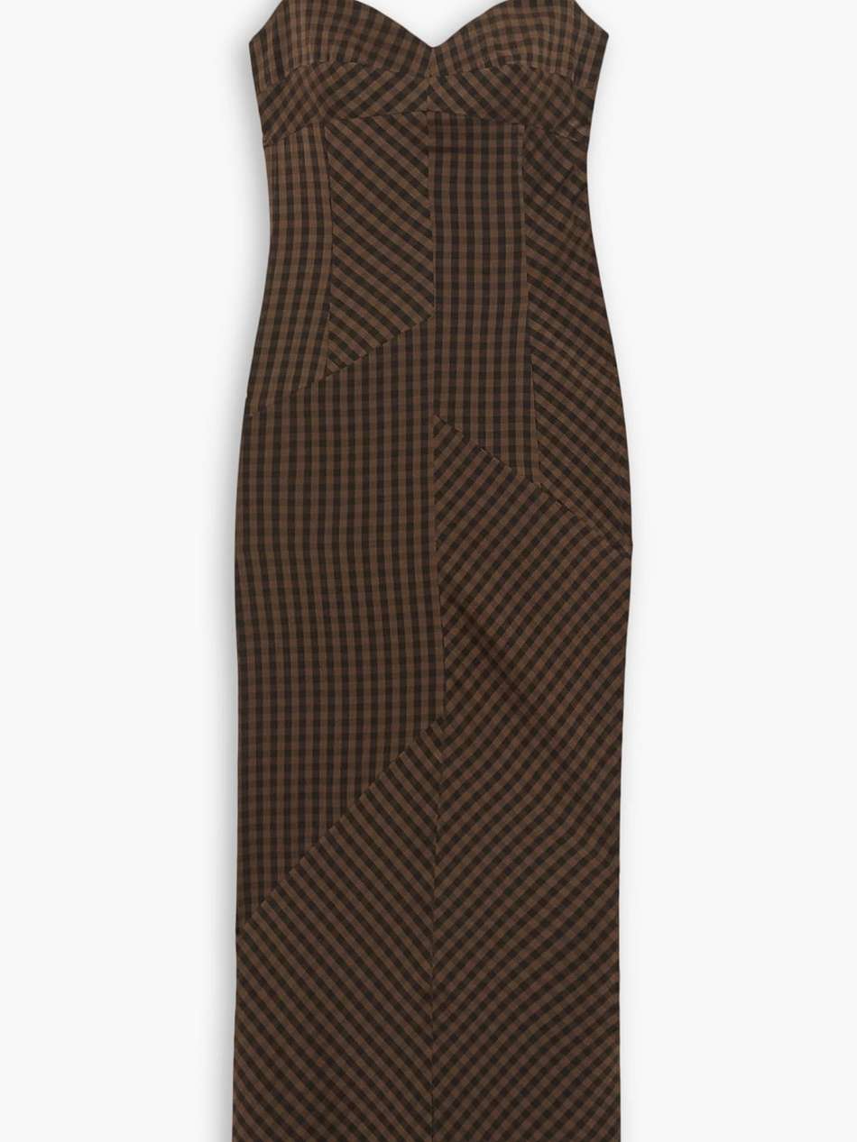 justine checked paneled stretch-silk midi dress