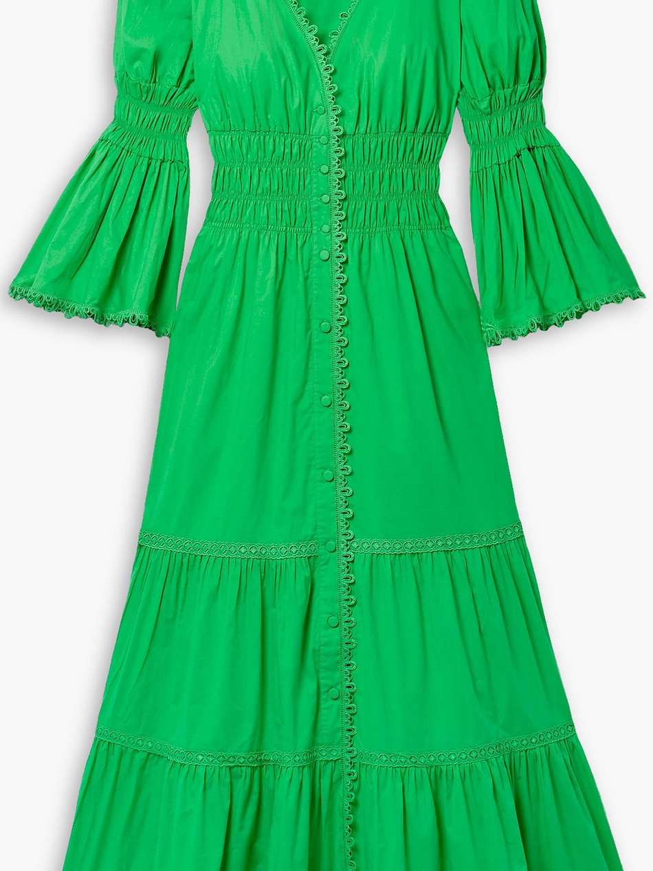 lipa lace-trimmed shirred cotton-blend poplin maxi dress